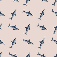 Seamless pattern shark Mako on light pink background. Animal templates for fabric.