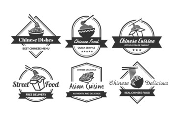 Chinese cuisine monochrome emblem set vector flat illustration authentic traditional Asian food