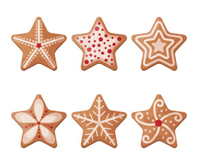 Fototapeta na wymiar A sweet set of gingerbread cookies in the shape of a star with various patterns. Collection of Christmas gingerbread. Sweet holiday pastries. Vector illustration