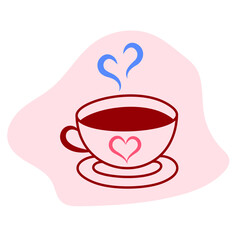 Love and romance concept, cup with a drink and hearts. Suitable for the design of Valentines Day cards, wrapping paper, congratulations. Simple linear vector illustration.