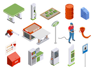 Gas station isometric set vector illustration. Collection gasoline petroleum filling columns