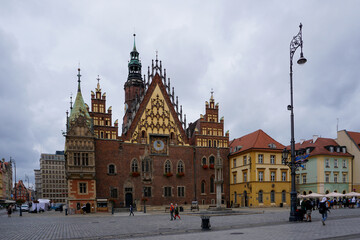 historic old town city center of Breslau with ist colorful buildings on the main town square near the city hall