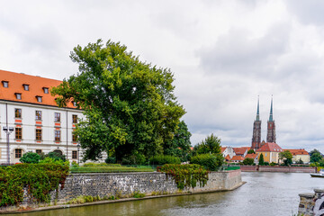 view of the cathedral and the Oder River in historic downtown of Wroclaw