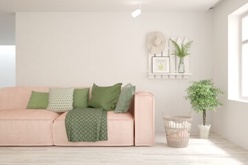 White living room with sofa. Scandinavian interior design. 3D illustration