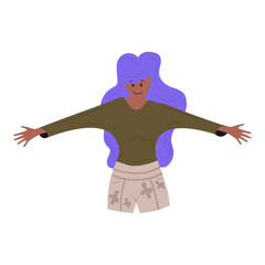 Happy woman showing positive emotions and hand gesture.  Happiness girl communication character expression and smile. Human different sign .Greeting language emotion cartoon flat vector illustration