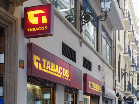 VALENCIA, SPAIN - NOVEMBER 10, 2021: Tobacco and stamps shop in city center