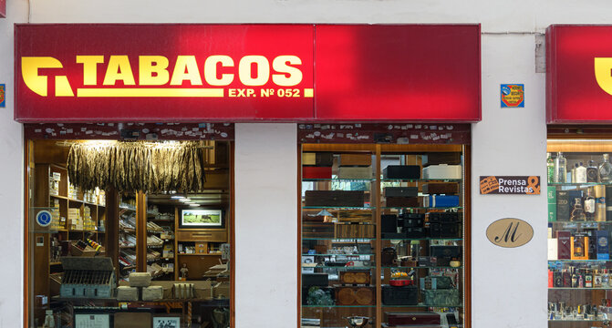 VALENCIA, SPAIN - NOVEMBER 10, 2021: Tobacco and stamps shop in city center