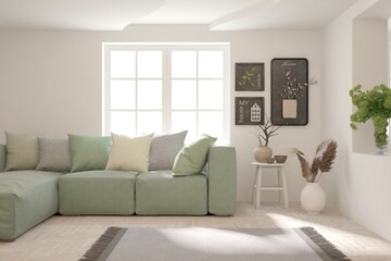 Soft color living room with sofa. Scandinavian interior design. 3D illustration