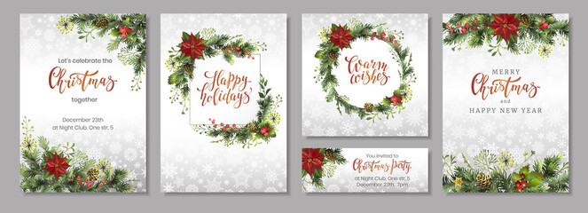 Christmas Corporate holiday cards, flyers or invitations. Christmas decoration. Set of backgrounds for winter holidays with christmas decor.