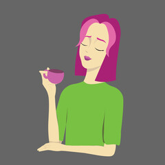a girl with pink short hair with a cup in her hand