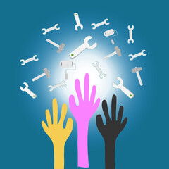 Hands of worker with hardware tool ,Labor day .