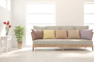 White living room with sofa. Scandinavian interior design. 3D illustration