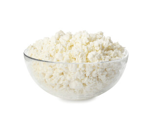 Delicious fresh cottage cheese in bowl isolated on white