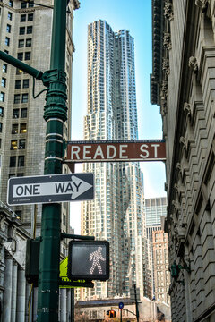 One way sign and Reade st sign with buildings in the background NYC Manhattan.
