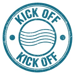 KICK OFF text written on blue round postal stamp sign