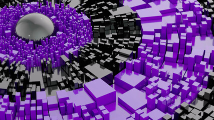 Abstract geometric background with square extrude and black sphere. Violet and black materials. Science fiction concept. 3D rendering.