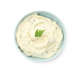 Tartar sauce in bowl isolated on white, top view