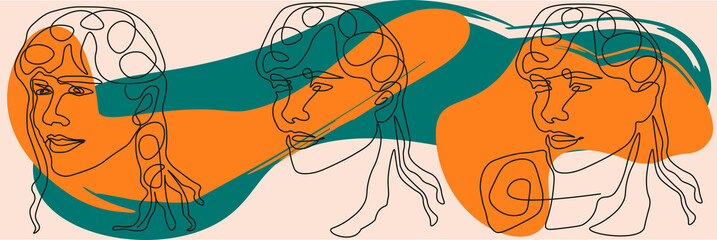 Abstract minimal woman face.Continuous line drawing. Portret minimalistic style with colour.Creative backgrounds in minimal trendy style with women face