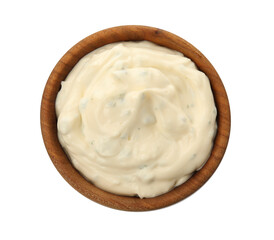 Tartar sauce in bowl isolated on white, top view