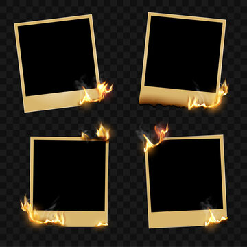 Burning polaroids. Vector fire frames.