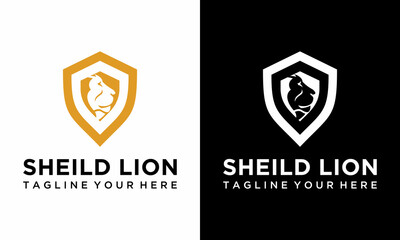 lion shield luxury logo icon, elegant lion shield logo design illustration on a black and white background.