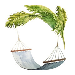 Composition of palm leaves and hammock. Watercolor template