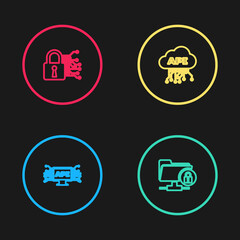 Set line Computer api interface, FTP folder and lock, Cloud and Cyber security icon. Vector