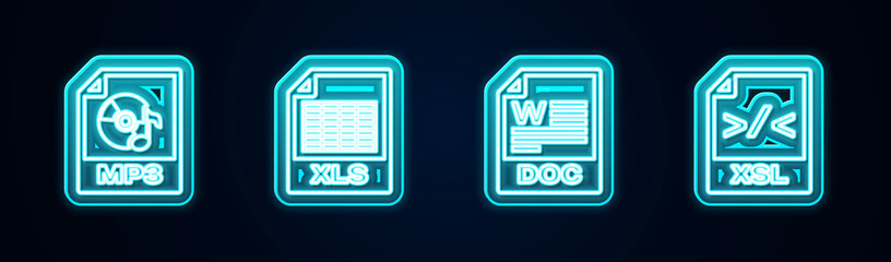 Set line MP3 file document, XLS, DOC and XSL. Glowing neon icon. Vector