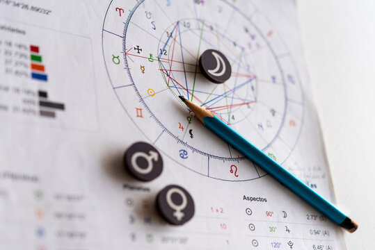 Primer plano de carta astral, s&iacute;mbolos astrol&oacute;gicos, Luna, Venus y Marte. Hor&oacute;scopo y predicciones. Astrolog&iacute;a. Sinastr&iacute;a y parejas.  