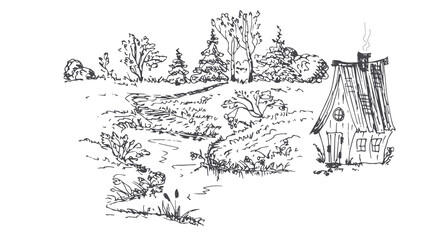 Landscape with a rural house and a forest. Vector hand drawn illustration.