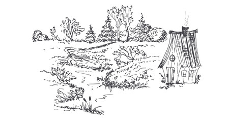 Fototapeta premium Landscape with a rural house and a forest. Vector hand drawn illustration.