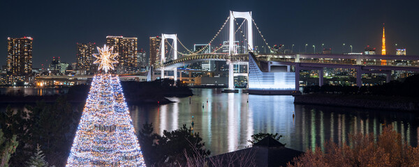Christmas tree at Odaiba, Rainbow Bridge and Tokyo Tower at...