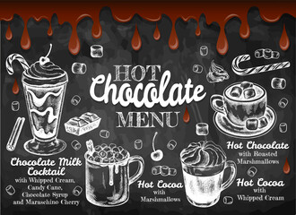 Chalk drawing poster of Hot Chocolate menu with melted chocolate. Sketch hand drawn hot cocoa with marshmallow, whipped cream, cinnamon, candy cane on blackboard. Winter drinks. Vector illustration. - 468631998