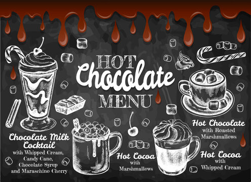 Chalk drawing poster of Hot Chocolate menu with melted chocolate. Sketch hand drawn hot cocoa with marshmallow, whipped cream, cinnamon, candy cane on blackboard. Winter drinks. Vector illustration.