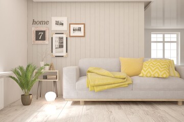 White living room with sofa. Scandinavian interior design. 3D illustration