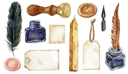 Writer postcard and envelope set. Isolated hand-drawn watercolor postal cards ,envelopes,post stamps,ink bottle,wax stick Modern collection of love and friendship letter designs. Christmas mail letter