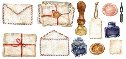 Writer postcard and envelope set. Isolated hand-drawn watercolor postal cards ,envelopes,post stamps,ink bottle,wax,stam. Modern collection of love and friendship letter designs. Christmas mail letter