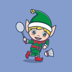 cute cartoon christmas elf playing badminton. vector illustration for mascot logo or sticker
