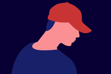 Unidentified young man profile portrait illustration. Teenager in casual clothing wearing a baseball hat. Vector.