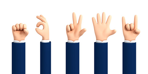 Set of cartoon 3d hands. Vector cartoon hand gestures isolated on white background.