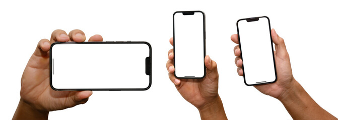 Hand holding smartphone iphone with blank screen for apple ios frameless design in two rotated perspective positions - isolated on white background - Clipping Path
