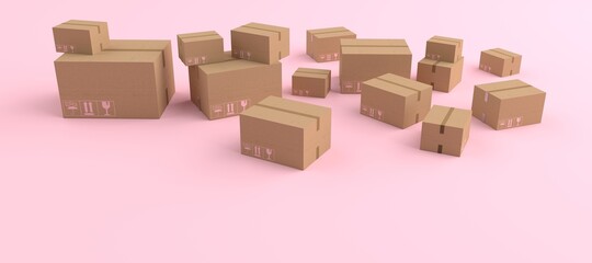 3D rendering of variety cardboard box, brown shipping box and boxes of various sizes. Concept of money, Business on mobile and delivery, concept Business Online delivery, isolated on pink background.