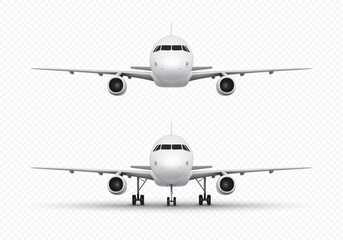 Fototapeta na wymiar Vector realistic airplane. Aircraft isolated on transparent background, front view.