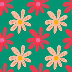 Fototapeta na wymiar Creative ditsy seamless pattern on green background. Cute chamomile print. Floral ornament.