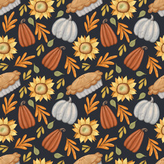 Seamless, hand-drawn Thanksgiving pattern on a black background. With pumpkin pie, pumpkin, sunflower and yellow and orange autumn leaves. Suitable for gift wrapping, wallpaper, fabrics.