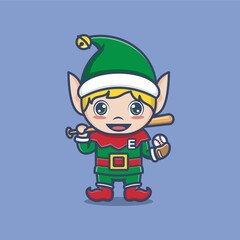 cute cartoon christmas elves become baseball players. vector illustration for mascot logo or sticker