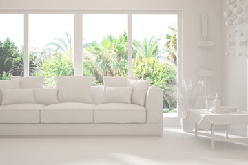 Mock up of stylish room in white color with sofa and green landscape in window. Scandinavian interior design. 3D illustration