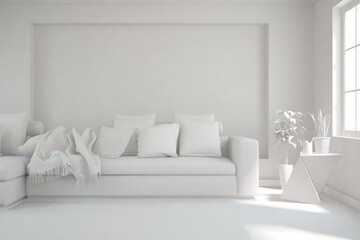 White minimalist living room with sofa. Scandinavian interior design. 3D illustration