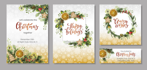 Christmas Corporate holiday cards, flyers or invitations. Christmas decoration for winter holidays with christmas decor.