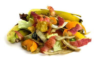 Pile of organic leftover vegetables and fruits isolated on white background. Peel bananas, apples...